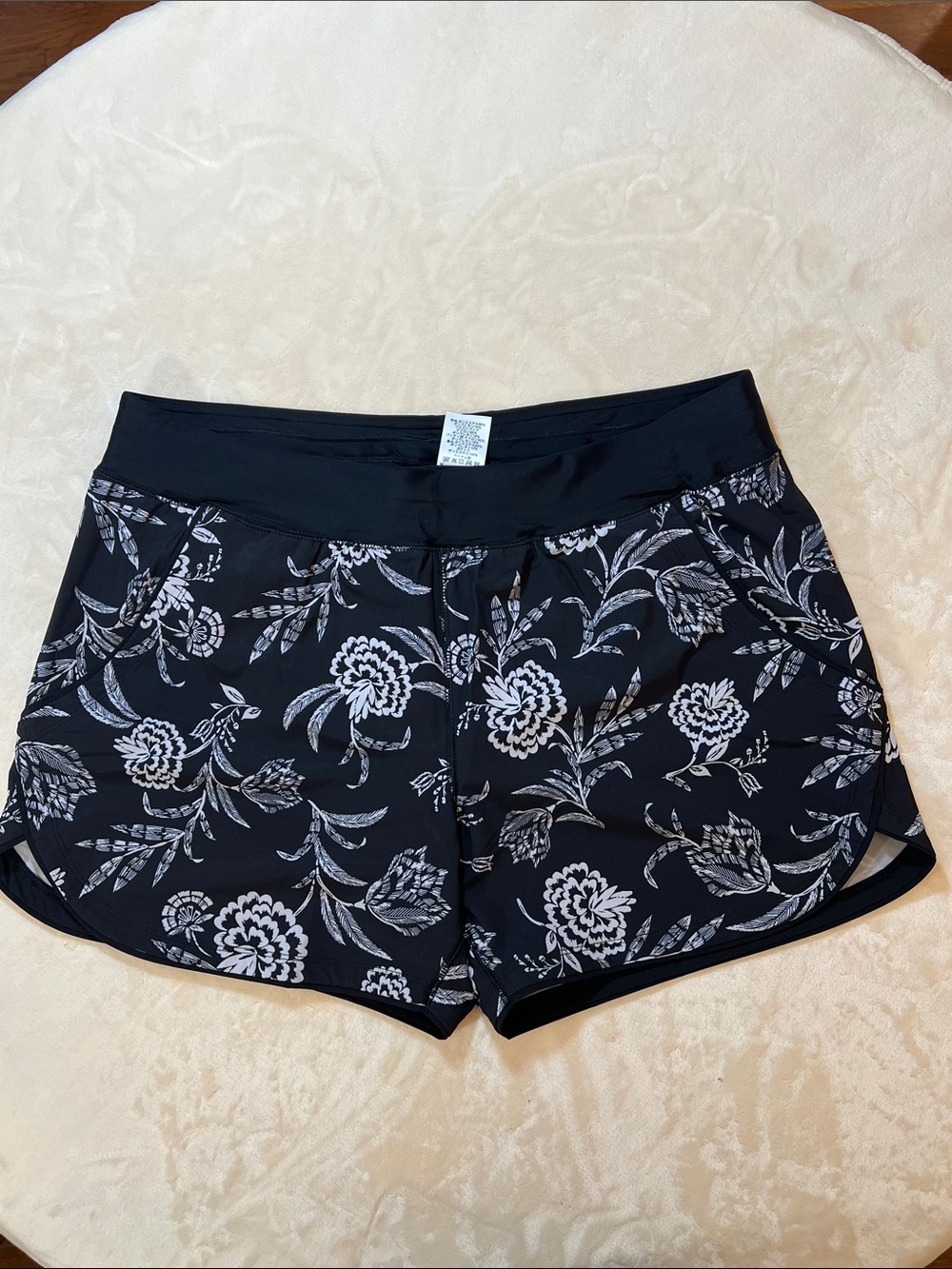 Lands' End Black Floral Print Athletic Shorts